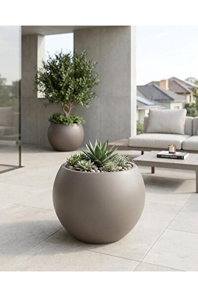 ZEVLİ Küre Saksı30 cm Truffle Kahve Modern Şık Dekoratif İç ve Dış Mekan Saksısı