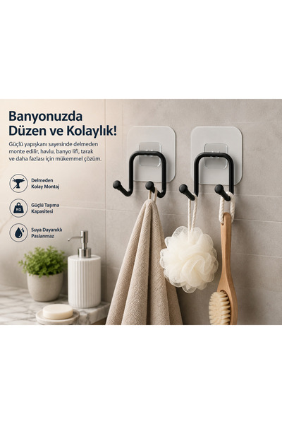 HSY STORE Yapışkanlı 2'li Çift Kancalı Metal Askılık | Delmeden Montaj Banyo Mutfak Duvar Organizer