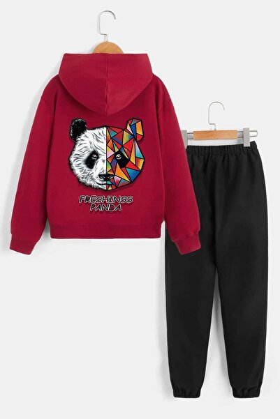 UygunModa Back Printed Panda Hooded Thick Cotton Inside Lined Children's Trac...