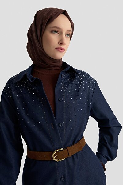 Armine Stone Embroidered Denim Effect Suit Navy Blue