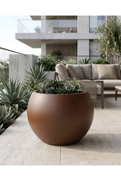ZEVLİ Küre Saksı 30 cm Bronz Kahve Modern Şık Dekoratif İç ve Dış Mekan Saksısı