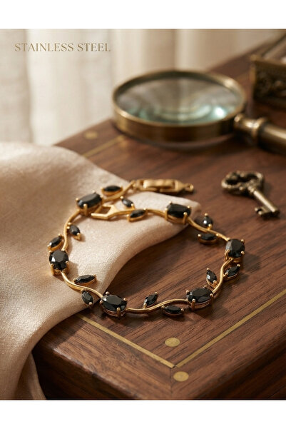 stainless steell Gold Color Black Zircon Stone Tulip Steel Bracelet