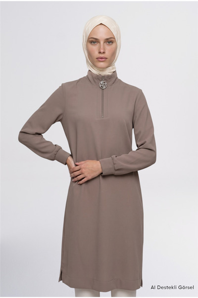 Armine Zipper Detailed Basic Tunic Mink