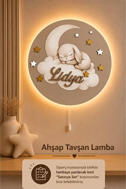 BugyBagy Ahşap Aylı Tavşan Lamba İsme Özel Pilli Ledli Gece Lambası Bebek Çoc...