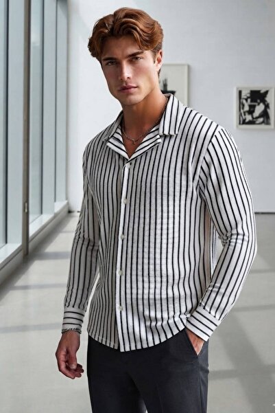 CAST COLLECTİON Men's Black and White Striped Waffle Fabric Long Sleeve Shirt