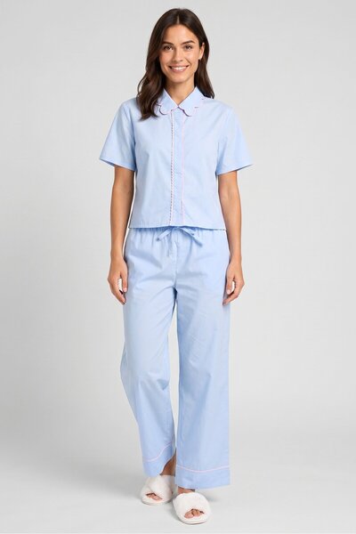 Bebe Women 2 Pieces Short Sleeve Solid Pajama Top And Bottom Set, Blue