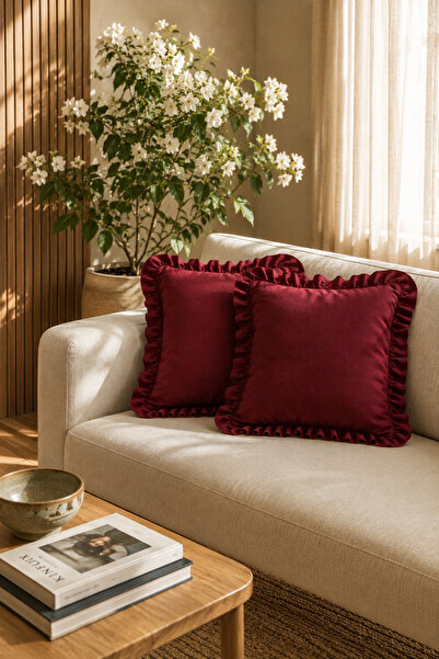 YUNUSOĞLU HOME Set of 2 Burgundy Ruffled Decorative Throw Pillow Covers 100% ...