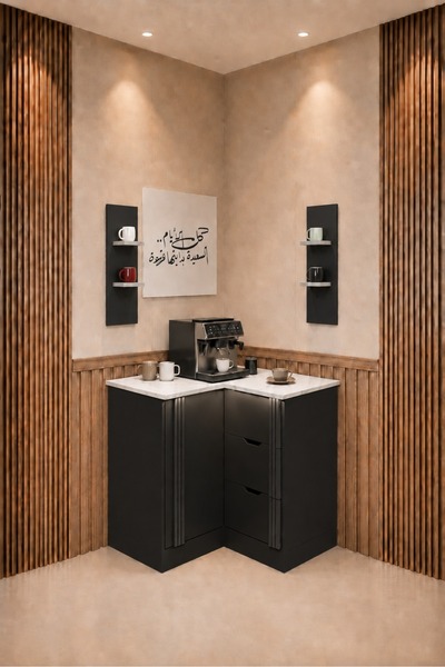 coffee world ركن قهوة زاوية عصري مضيء بسطح خشب أبيض مُرخَّم