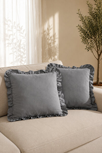 YUNUSOĞLU HOME Set of 2 Anthracite Ruffled Decorative Throw Pillow Covers 100...