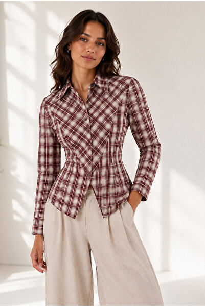 EDITION WOMAN Burgundy Plaid Patterned Women's Shirt with Belted Waist |   Ek...