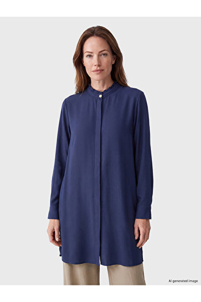 LC Waikiki Nevavm Lcw Grace Navy Blue Ruffled High Collar Women's Shirt Tunic...