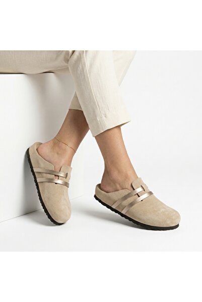 Bequemere Mc401-Sue Beige Genuine Suede Leather Modular Velcro Striped Unisex Orthopedic Sabo Slippers