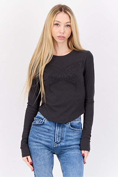 Don't Call Me Jennyfer Women Crew Neck Long Sleeves Rhinestone Shirt, Charcoal