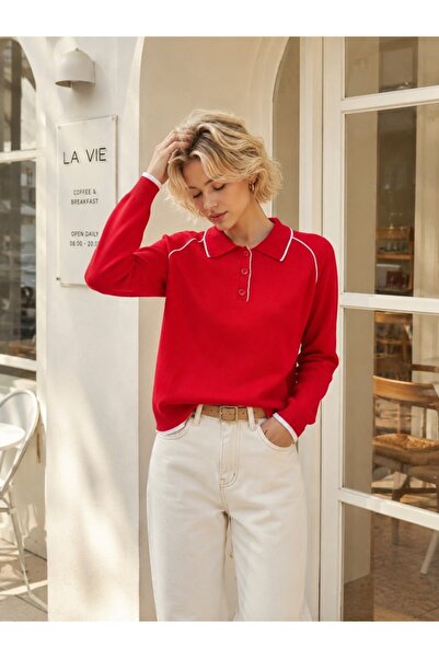 Arbucky Women's Polo Collar Raglan Sleeve Striped Detailed Knitwear Sweater