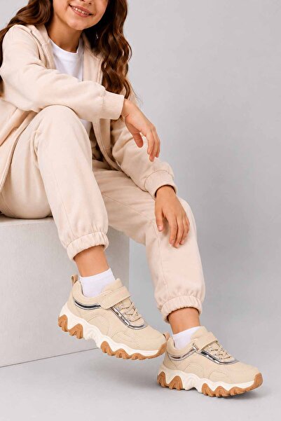 Vicco Girl's Beige Sports Shoes with Velcro Laces and Thick Sole Casual Sneakers