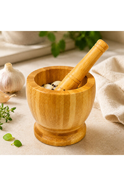 kitchen soft Doğal Bambu Ahşap Havan Tokmak Seti Büyük Boy 10 cm Sarımsak Bah...