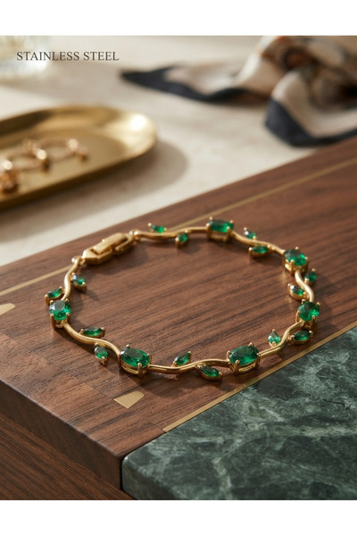 stainless steell Gold Color Green Zircon Stone Tulip Steel Bracelet