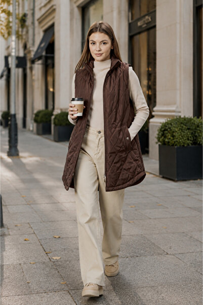 MASSMİZO Quilted Vest with Brown Pockets, Lined, Front Zipper