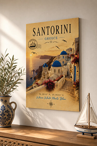 ARTI HOME Drvena slika Santorinija – Vintage slika putovanja, dekorativna zid...