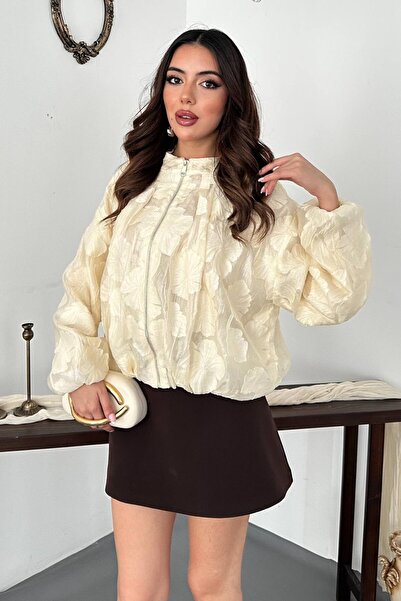 Moda Days Jachetă bomber de damă, bej, cu model, guler înalt, cu fermoar și d...