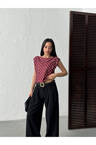 Moda Days Women's Burgundy - Bordo Polka Dot Blouse Boat Neck Drape Detail Sh...