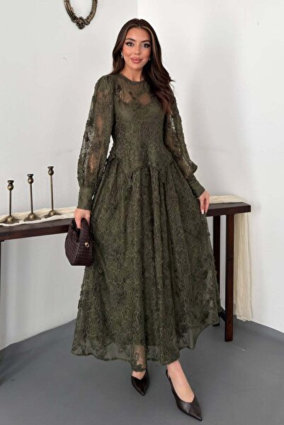 Moda Days Women's Khaki Lace Embroidered Round Neck Balloon Sleeve Lined Maxi...