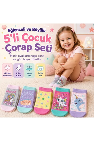 Genel Markalar Wak 5’li Kız Çocuk Çorap Seti Deniz Kızı Unicorn Desenli Pamuklu Rahat Burunlu Renkli