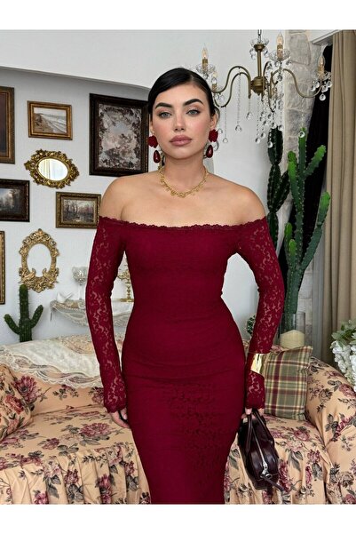 Clothes Fast Women's Burgundy Long Lace Dress Boat Neck Long Sleeve Bodycon F...