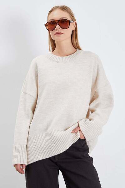 Fulla Moda Wide Sleeve Crew Neck Casual Knit Sweater