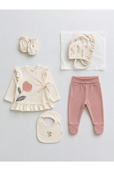 Magu Baby Cotton Floral Detailed Ecru Powder 5 Piece Hospital Discharge Set