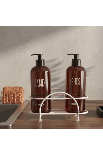 Homea 2'li Amber Sıvı Sabunluk Seti – Tel Standlı Mutfak ve Banyo Düzenleyici Beyaz Metal Telli