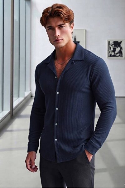 NO 601 Men's Navy Blue Ottoman Twill Fabric Oversize Cut Shirt