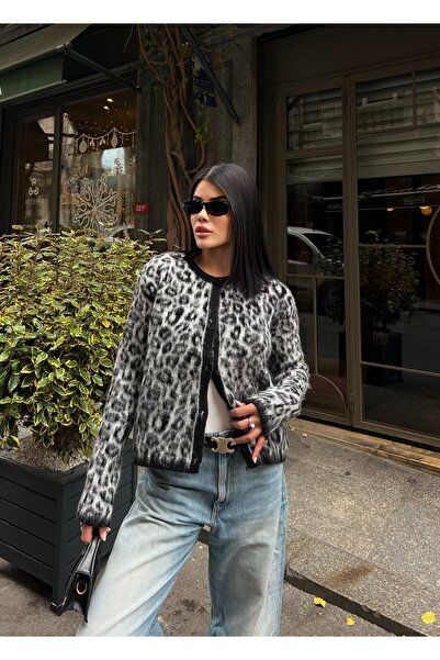 Clothes Fast Γυναικεία ΓΚΡΙ Ζακέτα με μοτίβο και κουμπιά, με λαιμόκοψη ποδηλά...