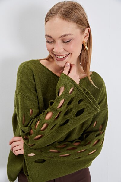 Fulla Moda Openwork Sleeves Boat Neck Wide Sleeve Knitwear Sweater