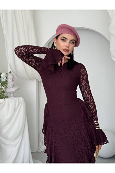 Moda Days Women's Plum Lace Midi Dress Crew Neck Long Sleeve Flounce Slim Fit