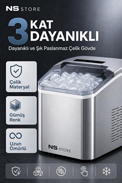 NS Store Portatif Hızlı Buz Yapma Makinesi, Gümüş Renk, Paslanmaz Çelik, Pratik Ev Kullanımı ve Ofis İhtiyaçl