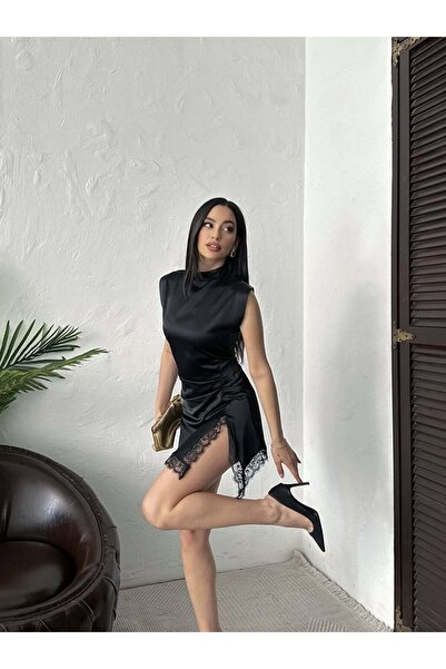 Moda Days Γυναικείο ΜΑΥΡΟ - ΜΙΝΙ ΦΟΡΕΜΑ Σατέν με Δαντέλα, Ασύμμετρη Φούστα με...