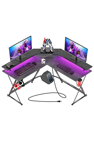 KEKE L-Shaped Gaming Desk with RGB LED Lights & Power Outlets – Carbon Fiber ...