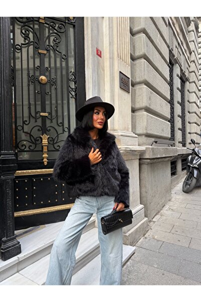 Moda Days Women's Black - Black Short Faux Fur Coat Wide Fur Collar Long Slee...