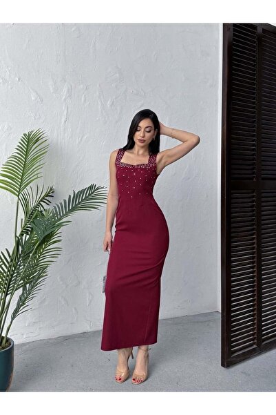 Clothes Fast Women's Burgundy - Bordo Stone Detailed Square Neck Strap Maxi L...