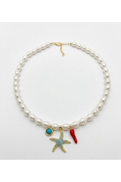 mibrillo Pearl and Charm Necklace (Red Pepper Starfish and Turquoise Stone Ch...