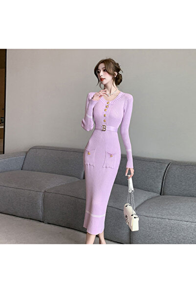 dorbe Women's Purple Bodycon Long sleeve Midi Dress