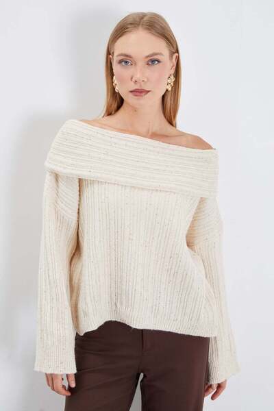 Fulla Moda Glittery Sequined Madonna Collar Knit Sweater