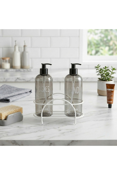 Homea 2'li Füme Sıvı Sabunluk Seti – Tel Standlı Mutfak ve Banyo Düzenleyici Beyaz Metal Telli