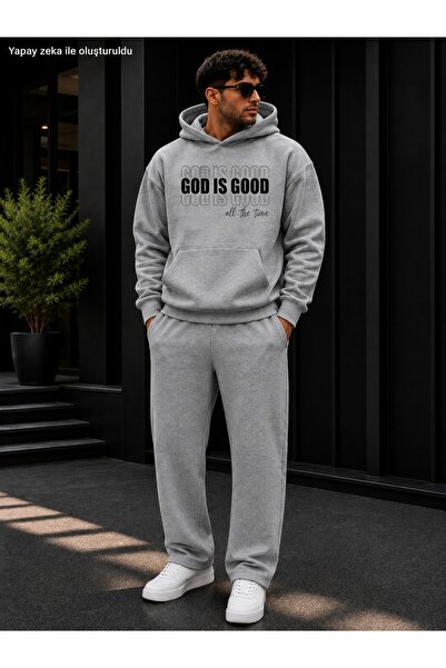 caddekombin Men's God Is Good Written Sweatpants Set / Round Neck Cotton Swea...