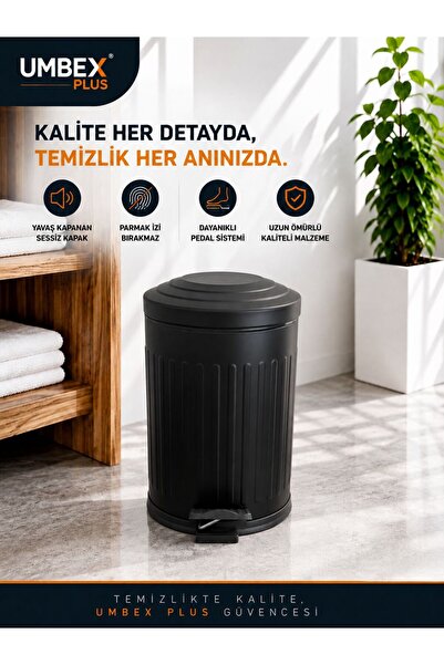UMBEX PLUS 5 LT VINTAGE AMORTİSÖRLÜ SİYAH RENK YAVAŞ KAPANIR ÇÖP KOVASI BANYO...