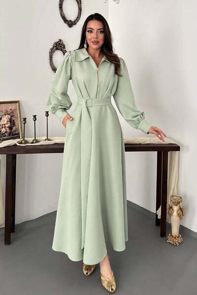 Moda Days Women's Mint Long Sleeve Shirt Collar Zipper Belted Pocket Pleated ...