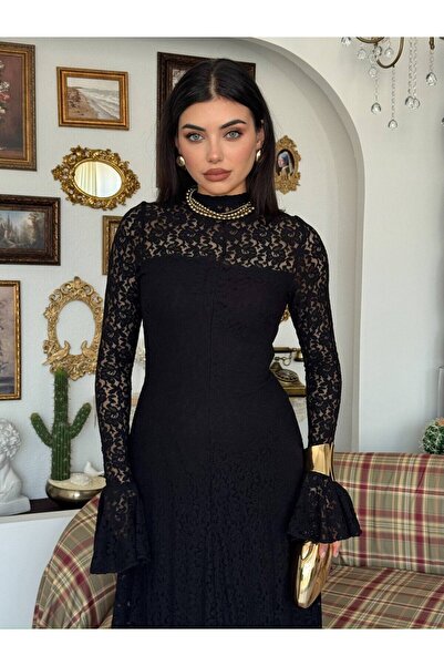 Clothes Fast Women's Black Lace Midi Dress High Neck Long Sleeve Evening Dres...