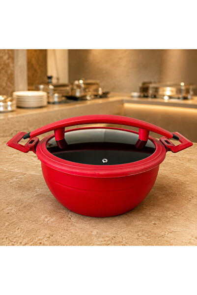 İndüksiyon Uyumlu Yuvarlak Kapaklı Chafing Dish 32,5x44x21 Cm – Kırmızı
