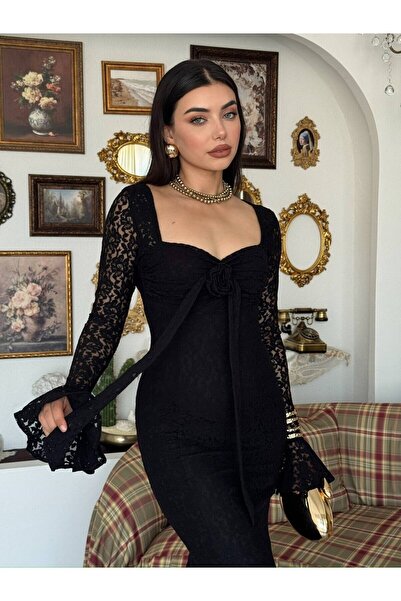 Clothes Fast Women's Black Lace Midi Dress with Heart Collar and Rose Detail,...